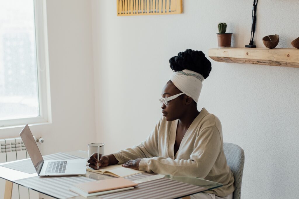 A woman working from home